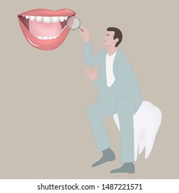 Dentistry - a doctor with a magnifying glass in his hand looks at beautiful female teeth, tools, - vector. Tooth protection. Dentist icon.