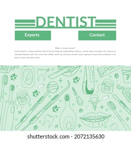 Concepto de doodle de odontología para banner web. Plantilla para folleto con herramientas de higiene oral y otros materiales de impresión. Pasta de dientes y cepillos, pastillas, sonrisas con y sin llaves.