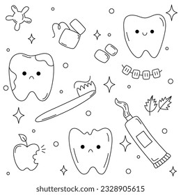 Conjunto de íconos de doodle para la odontología infantil. Juego de caracteres dietéticos con diferentes emociones. Cepillo de dientes, pasta de dientes, diente.