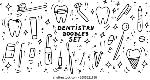 Dentistry doodles icon set. Hand drawn lines stomatology, dental, odontology cartoon collection. Teeth, dentures, orthodontic, dental instruments. Vector illustration.