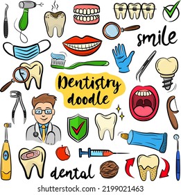 Juego de iconos de doodles de odontología. Líneas dibujadas a mano odontológicas sobre fondo blanco. Ilustraciones de vector coloridas para el diseño