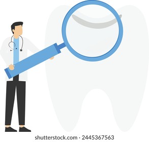 Dentistry Examination Concept. Dentists and Nurses work together in Dental Clinic. Medical Staff in Stomatology Center Examining Patient Teeth. Flat Cartoon Vector Illustration.