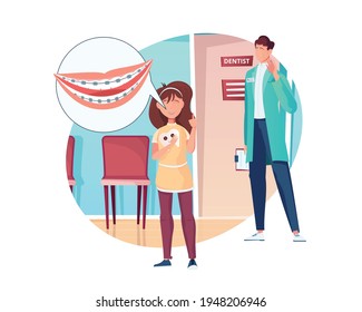 Dentistry flat composition with happy girl wearing braces vector illustration