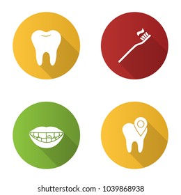 Dentistry flat design long shadow glyph icons set. Stomatology. Healthy tooth, dental clinic location, broken tooth, toothbrush and toothpaste. Vector silhouette illustration