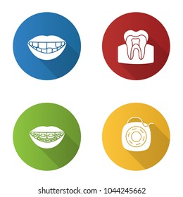 Dentistry flat design long shadow glyph icons set. Stomatology. Missing tooth, teeth structure, braces, dental floss. Vector silhouette illustration