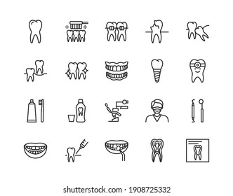 Dentistry flat line icon set. Vector illustration symbol for dental clinic design. Included orthodontics, prosthetics treatment and care. Editable strokes.