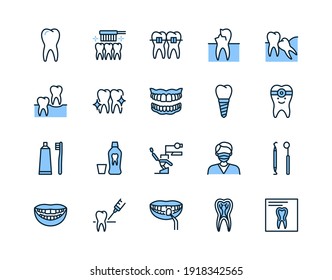 Dentistry flat line icon set blue color. Vector illustration symbol for dental clinic design. Included orthodontics, prosthetics treatment and care. Editable strokes.