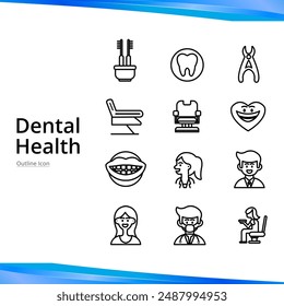 Dentistry flat line icon set. Vector illustration symbol for dental clinic design. Orthodontics, treatment and prosthetic care.