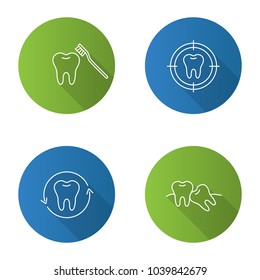 Dentistry flat linear long shadow icons set. Stomatology. Teeth brushing, aim on tooth, dental restoration, crooked teeth.
Vector outline illustration