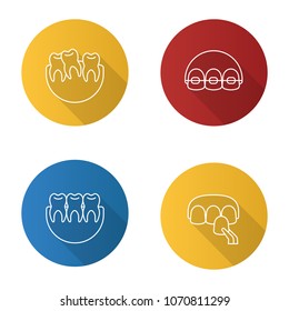 Dentistry flat linear long shadow icons set. Stomatology. Crooked and healthy teeth, dental braces, veneer. Vector outline illustration