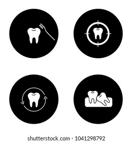 Dentistry glyph icons set. Stomatology. Teeth brushing, aim on tooth, dental restoration, crooked teeth. Vector white silhouettes illustrations in black circles