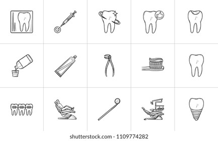 Dentistry hand drawn outline doodle icon set for print, web, mobile and infographics. Stomatology, dental care and treatment vector sketch illustration set isolated on white background.