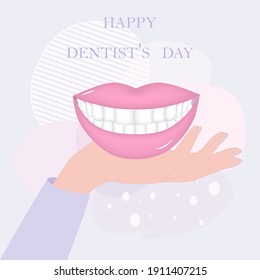 Dentistry. Hand, white teeth, pink lips, abstract background - vector. International Day of the Dentist. Banner. Greeting card.