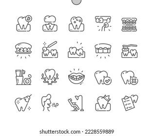 Odontología. Atención de la salud, medicina y medicina. Cordones, dientes de cepillo, corona dental, gingivitis. Productos de higiene. Iconos De Línea Delgada De Vector Perfecto De Pixel. Pictograma mínimo simple