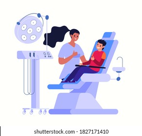 Dentistry healthcare concept. Beautiful even white teeth. Boy at dentist sits chair, smiling at friendly doctor. Dr and patient show thumbs up, gesture is excellent. Vector flat cartoon illustration.