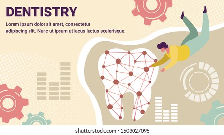 Dentistry Horizontal Creative Banner. Augmented Reality in Medicine. Image Hologram Projection Human Polygonal Tooth. Medical Clinic, Dental Treatment. Diagnosis Cartoon Flat Vector Illustration,
