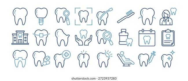 Coleção de ícones de odontologia. Implante dentário dentário, Dentista, Clínica dentária, Cuidado dentário