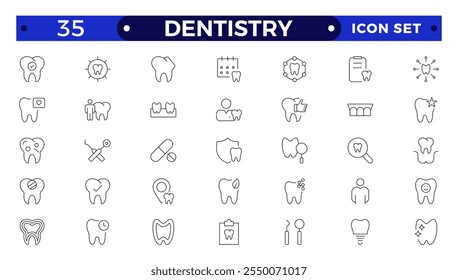 Dentistry icon collection. Related to tooth, dentist, toothpaste, toothbrush, teeth, implant and dentistry icons. Dental outline icon set. Medicine, pharmacy, nurse, prescription and medical report.
