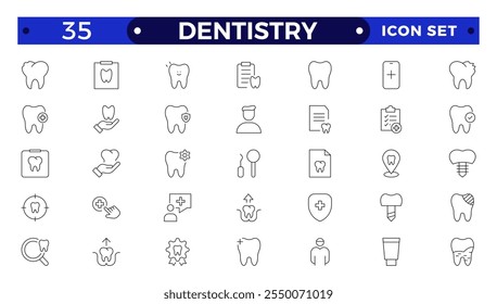 Dentistry icon collection. Related to tooth, dentist, toothpaste, toothbrush, teeth, implant and dentistry icons. Dental outline icon set. Medicine, pharmacy, nurse, prescription and medical report.
