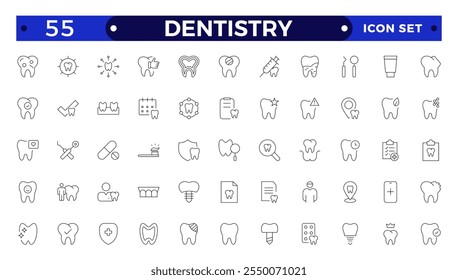 Dentistry icon collection. Related to tooth, dentist, toothpaste, toothbrush, teeth, implant and dentistry icons. Dental outline icon set. Medicine, pharmacy, nurse, prescription and medical report.
