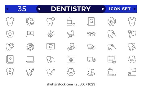 Dentistry icon collection. Related to tooth, dentist, toothpaste, toothbrush, teeth, implant and dentistry icons. Dental outline icon set. Medicine, pharmacy, nurse, prescription and medical report.
