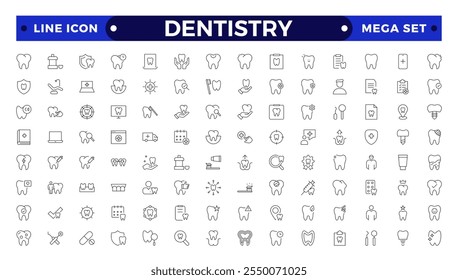 Dentistry icon collection. Related to tooth, dentist, toothpaste, toothbrush, teeth, implant and dentistry icons. Dental outline icon set. Medicine, pharmacy, nurse, prescription and medical report.
