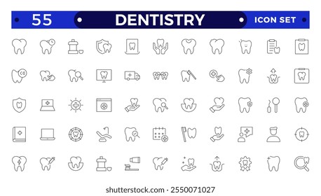 Dentistry icon collection. Related to tooth, dentist, toothpaste, toothbrush, teeth, implant and dentistry icons. Dental outline icon set. Medicine, pharmacy, nurse, prescription and medical report.
