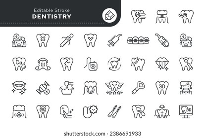 Dentistry icon in outline linear style. Tooth icon, dental office, treatment, restoration of teeth. Orthodontist and dentist. Vector set of conceptual web icons for applications, website. Pictogram