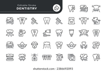 Dentistry icon in outline linear style. Tooth icon, dental office, treatment, restoration of teeth. Orthodontist and dentist. Vector set of conceptual web icons for applications, website