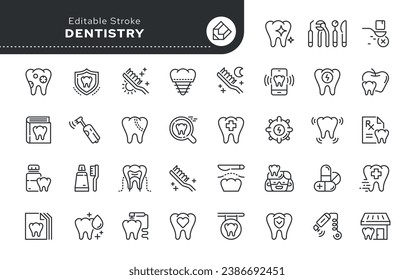 Dentistry icon in outline linear style. Tooth icon, dental office, treatment, restoration of teeth. Orthodontist and dentist. Vector set of conceptual web icons for applications, website. Pictogram