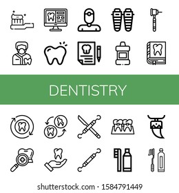dentistry icon set. Collection of Tooth Brush, Dentist, Tooth, Dental insurance, Shin, Mouthwash, Dental drill, Dental checkup, Dentist tools, Braces, hygiene, Toothbrush icons