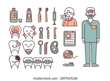 Icono de odontología aislado en fondo blanco. Símbolo de ilustración vectorial para diseño de clínica dental. Se incluyeron ortodoncia, tratamiento protésico.
