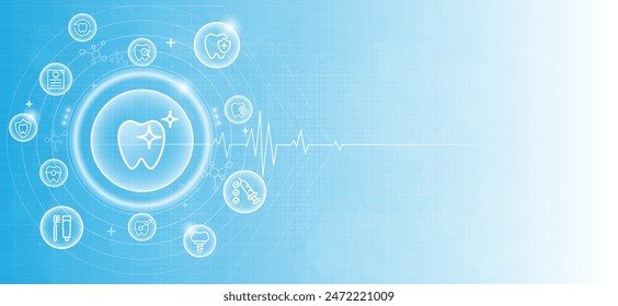 Icono de odontología en estilo de línea. higiene bucal dental aislado sobre fondo azul. se puede utilizar en la clínica odontológica. concepto de salud médica y odontología. carácter dental de los dientes. diseño de Vector.