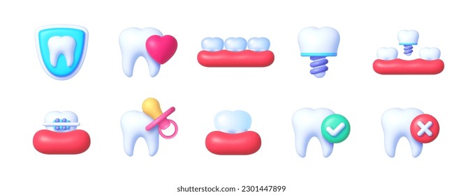 Dentistry icons 3d, great design for any purposes. Orthodontic dentistry. Healthcare medicine concept. White background. Realistic 3d vector design.