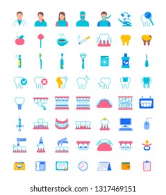 Dentistry icons. Flat color vector signs of dental clinic services. Oral health care concepts. Mouth hygiene, dental implants, surgery, orthodontic. Dentist office staff. Teeth diseases and treatment