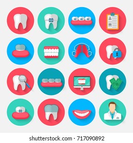 Dentistry icons isolated in a flat design style. Vector Illustration Symbols elements on the topic of stomatology and orthodontics, dental care, caries, prosthetics, transparent and metal braces