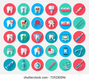 Dentistry icons isolated in a flat design style. Vector Illustration Symbols elements on the topic of stomatology and orthodontics, dental care, caries, prosthetics, transparent and metal braces