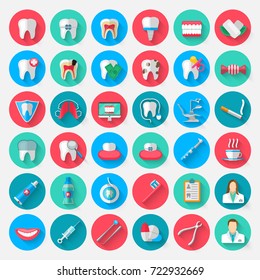 Dentistry icons isolated in a flat design style. Vector Illustration Symbols elements on the topic of stomatology and orthodontics, dental care, caries, prosthetics, transparent and metal braces