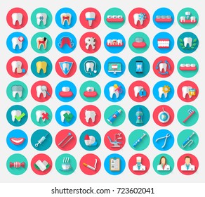 Dentistry icons isolated in a flat design style. Vector Illustration Symbols elements on the topic of stomatology and orthodontics, dental care, caries, prosthetics, transparent and metal braces