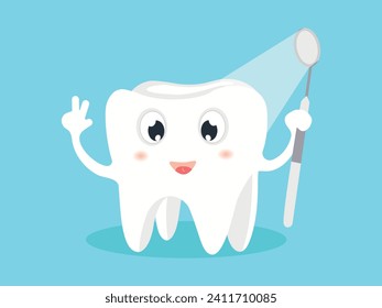 Dentistry icons set. Cute tooth, children's dental care. Mirror, oral hygiene. Vector illustration of dental instruments.