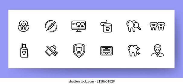 Dentistry icons set. Icons dental floss, dentist, toothpaste, teeth x-ray and dentist certificate. Dental care concept. Vector EPS 10.