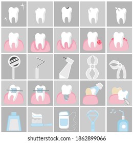 Dentistry icons set. Dental health with a single tooth, gum disease, dental alignment and prosthetics, dentist tools and oral care vector illustration