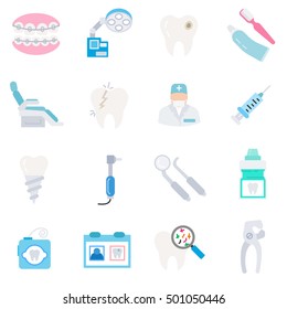 Dentistry icons set flat design. Dental clinic, symbols collection. Doctor dentist. Dental treatment and prevention of diseases of the mouth and teeth, isolated vector illustration.