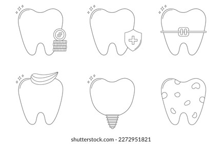 Dentistry icons set. Icons tooth protection, clean teeth, teeth whitening, braces, implant, caries, dental price. Dental care concept. Vector flat illustration