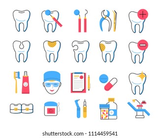 Dentistry icons set trendy linear style. Dental clinic services, stomatology and orthodontics symbols. Teeth treatment and restoration. Dentist tools, healthy and broken tooth, medicines, dental floss
