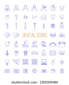 Dentistry icons. Thin line vector signs of dental clinic services. Oral health care concepts. Mouth hygiene, dental implants, surgery, orthodontic. Dentist office staff. Teeth diseases and treatment.