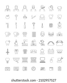 Dentistry icons. Thin line vector signs of dental clinic services. Oral health care concepts. Mouth hygiene, dental implants, surgery, orthodontic. Dentist office staff. Teeth diseases and treatment.