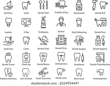 Dentistry Icons Vector Illustration, Dental Care Outline Icons Set.