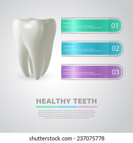 Dentistry info background with big realistic tooth and three colorful stripes - templates for infographics. Vector Illustration