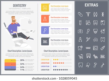 Dentistry infographic template, elements and icons. Infograph includes customizable graphs, charts, line icon set with dentist tools, dental care, tooth decay, teeth health, medicine chest etc.
